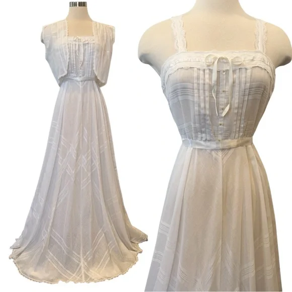 Jodi T Vintage Prairie Peasant White 70s Maxi Gown Long Dress Vest Shrug 2Pc Set - Picture 4 of 11